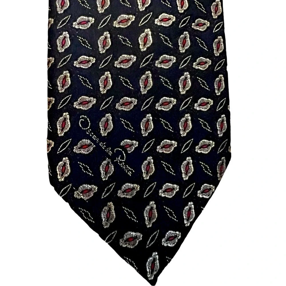 Oscar de la Renta vintage dark navy blue silver & red print with signature tie